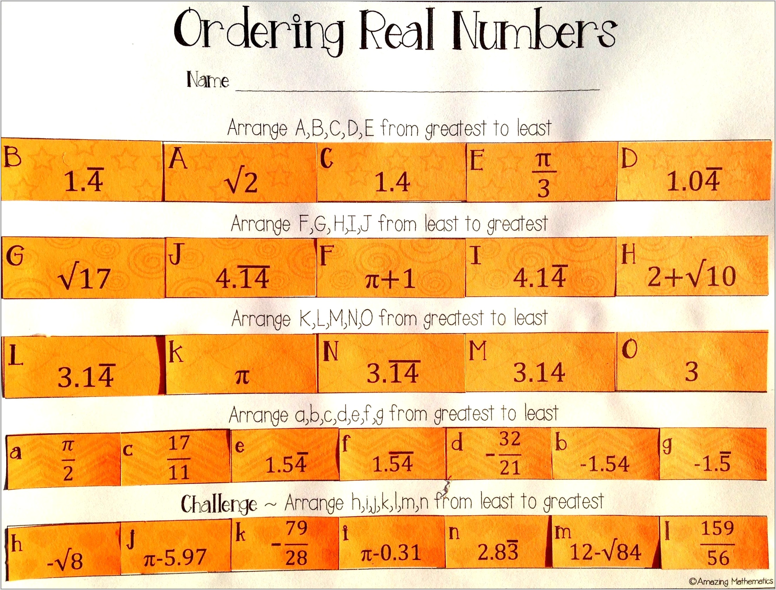 Ordering Real Numbers Practice Worksheets