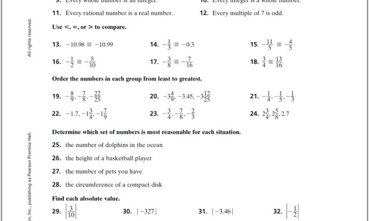 Ordering Real Numbers Worksheet Lesson 1 3