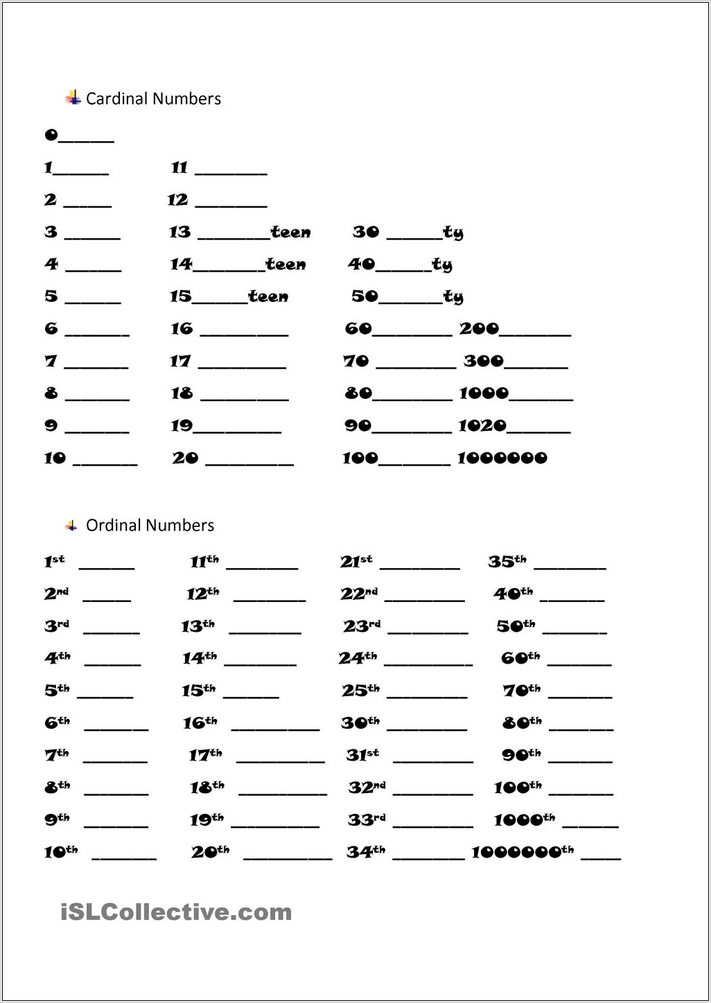 Ordinal Numbers Up To 100th Worksheet