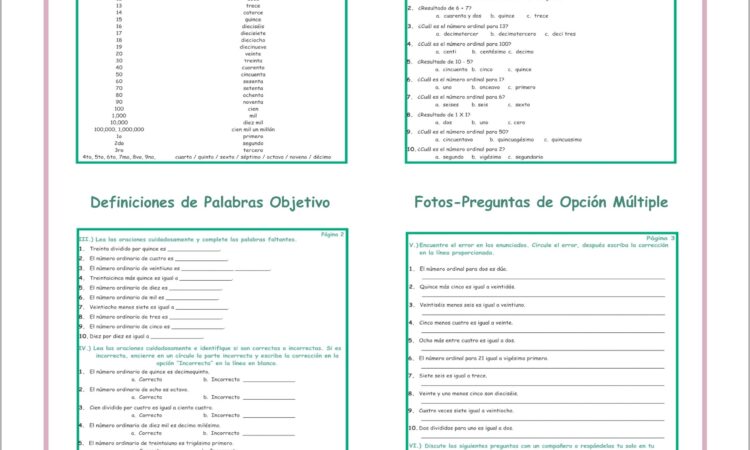 Ordinal Numbers Worksheet Spanish