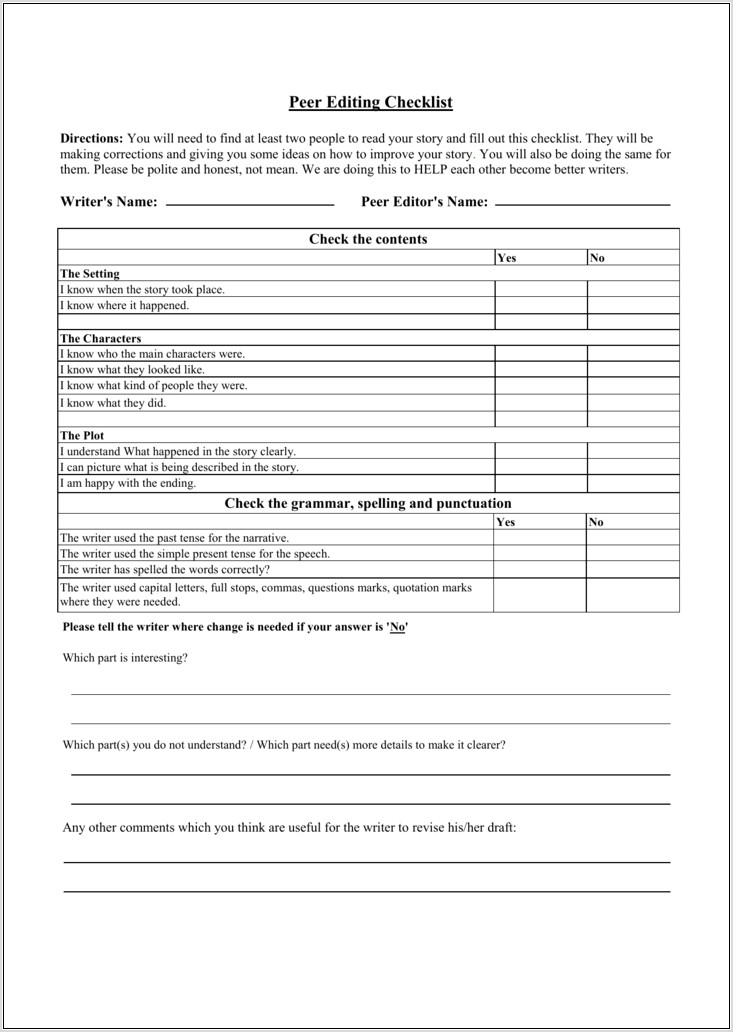 Peer Editing Worksheet Read Write Think