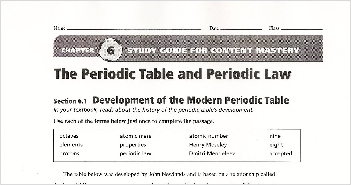 Periodic Table And Periodic Law Worksheet