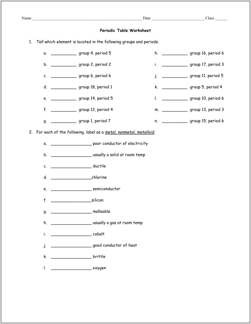 Periodic Table Labeling Worksheet