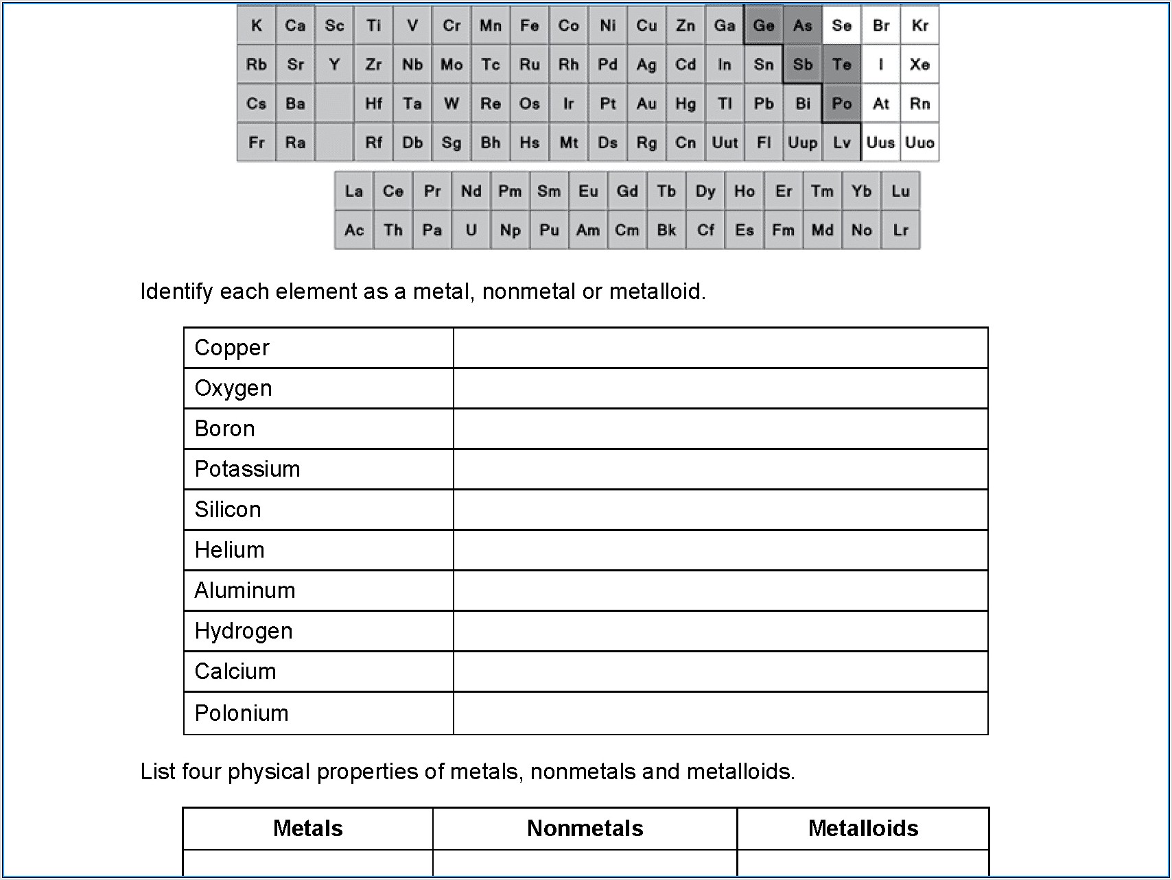 Periodic Table Metals Nonmetals Metalloids Worksheet