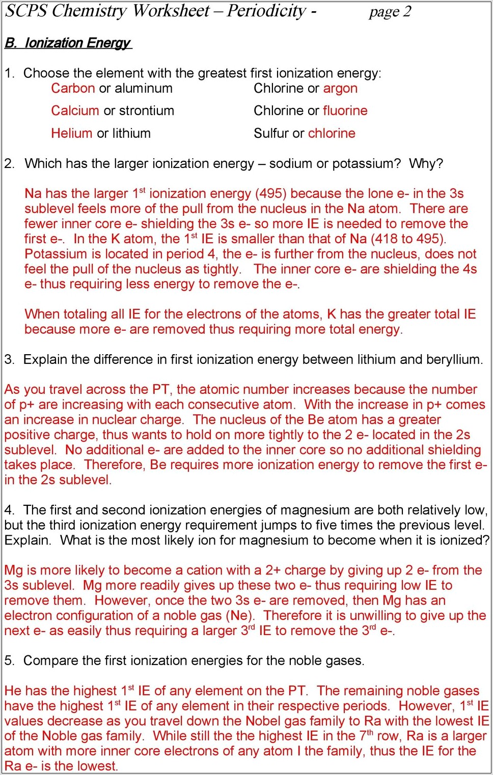 Periodic Table Periodicity Worksheet