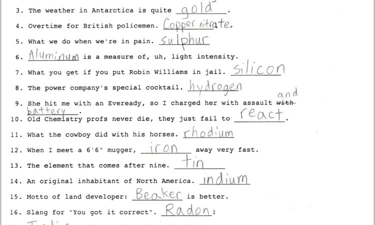 Periodic Table Puns Worksheet With Answers