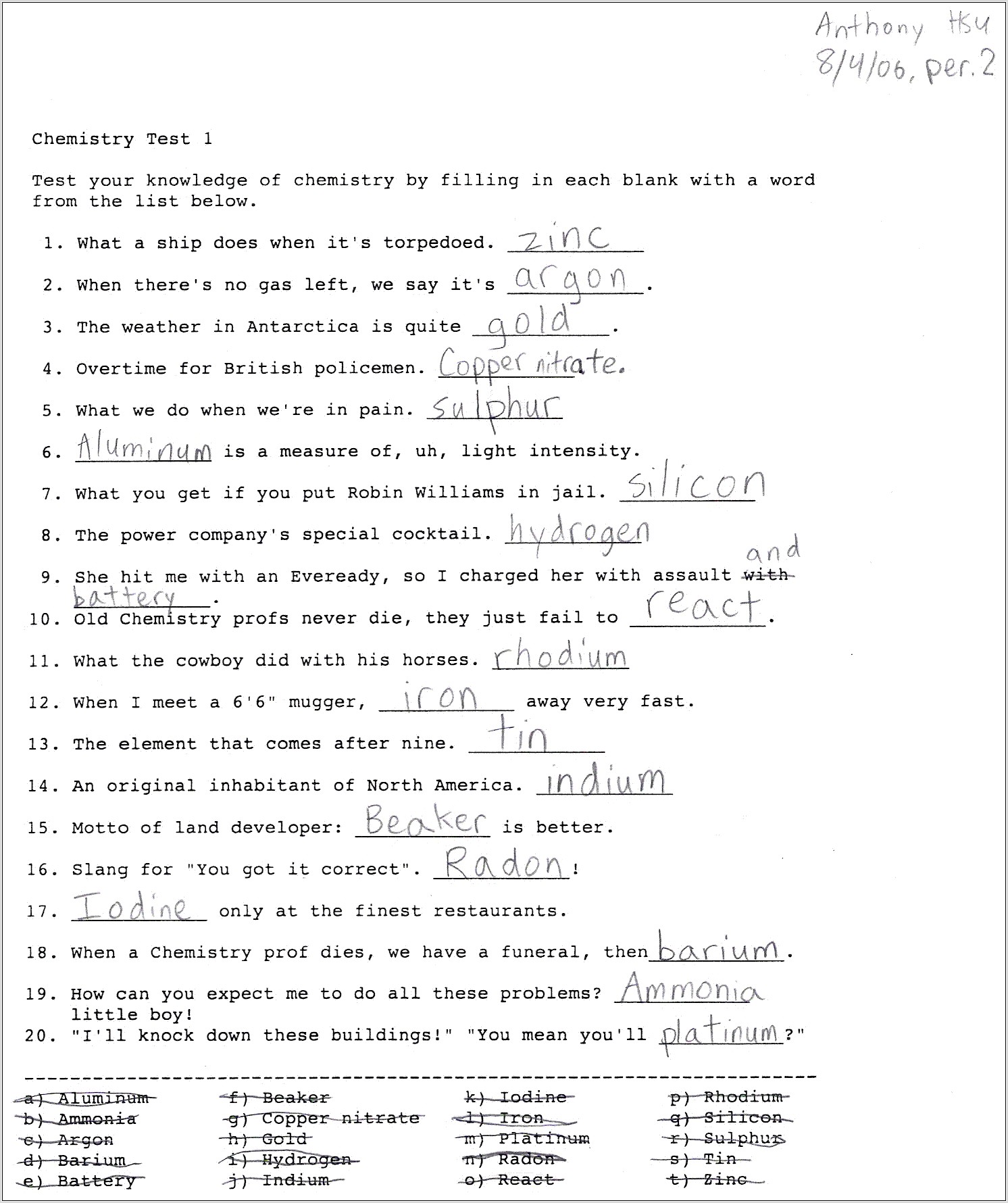 Periodic Table Puns Worksheet With Answers