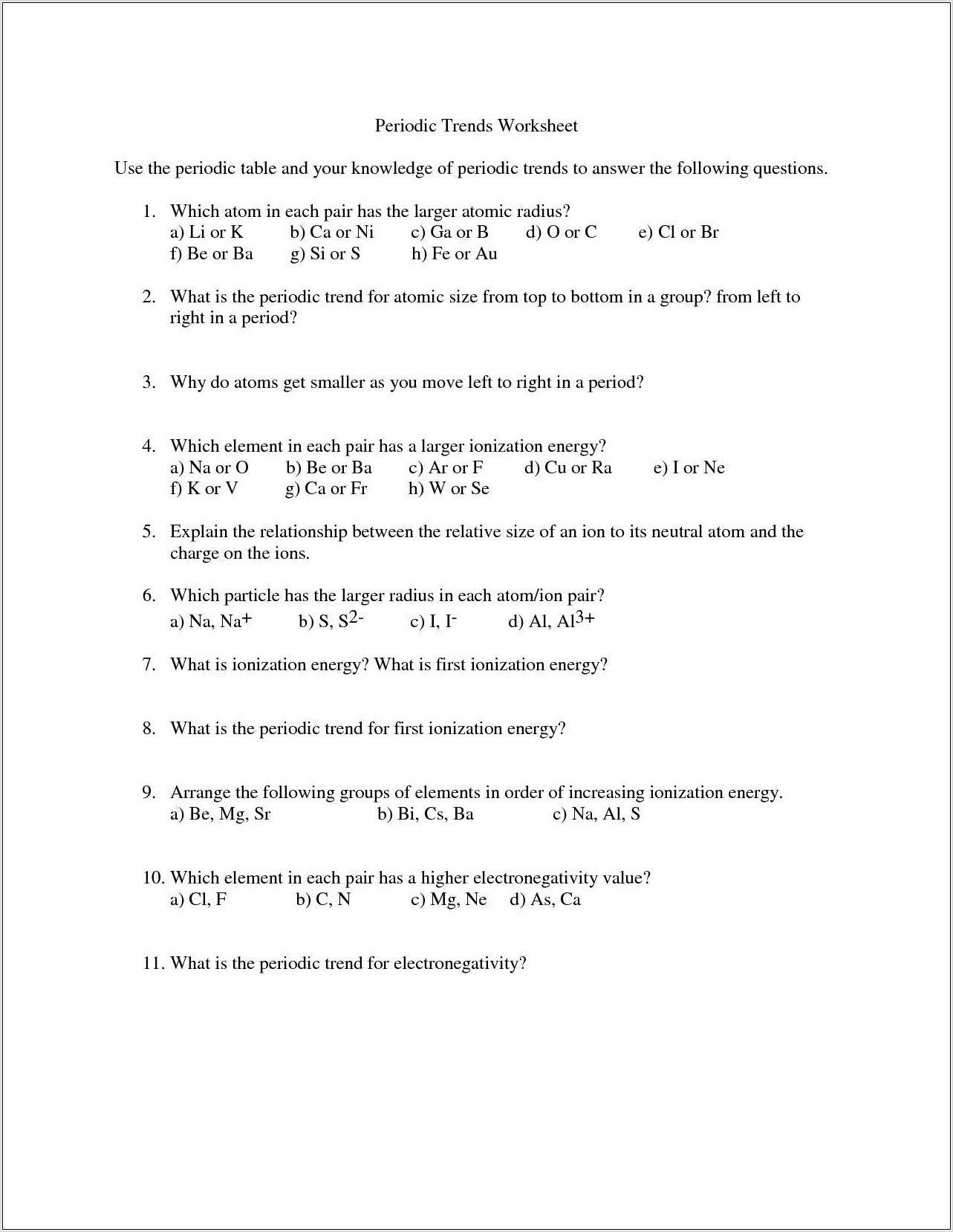 Periodic Table Relationships Worksheet Answer Key