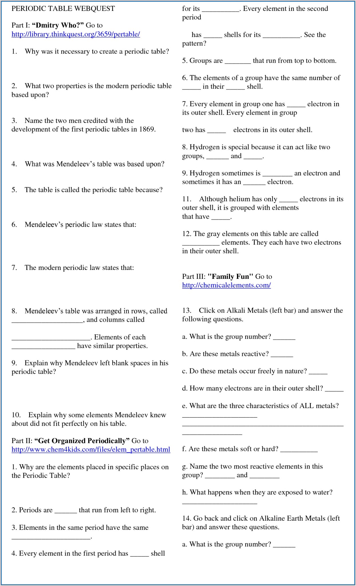 Periodic Table Trends Questions Worksheet
