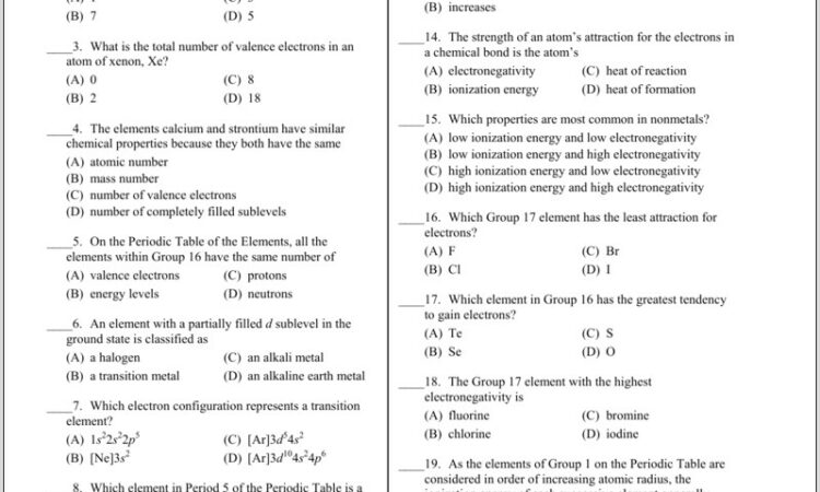 Periodic Table Trends Review Worksheet Answers