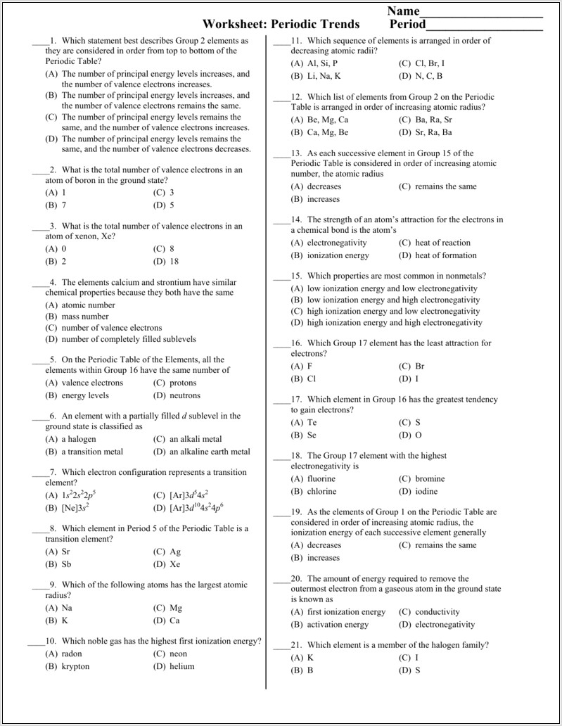 Periodic Table Trends Review Worksheet Answers