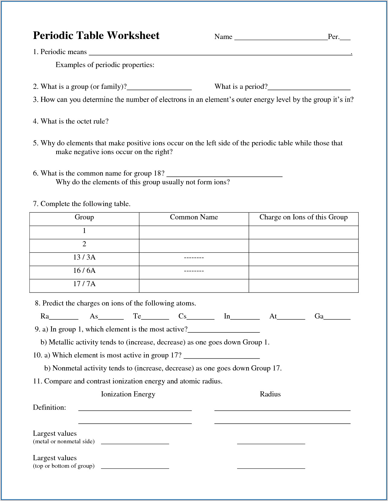 Periodic Table Trends Review Worksheet