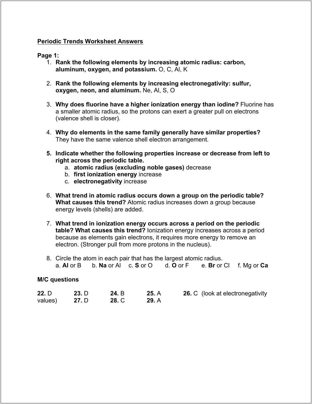 Periodic Table Trends Worksheet 1 Answers
