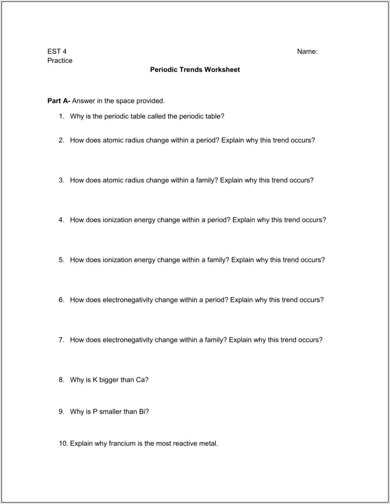 Periodic Table Trends Worksheet And Answers