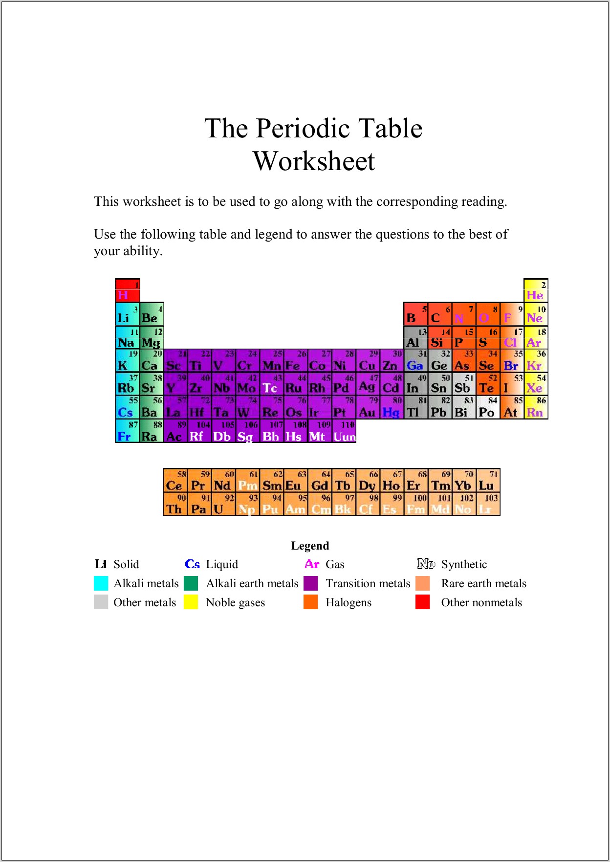 Periodic Table Worksheet 60 Questions