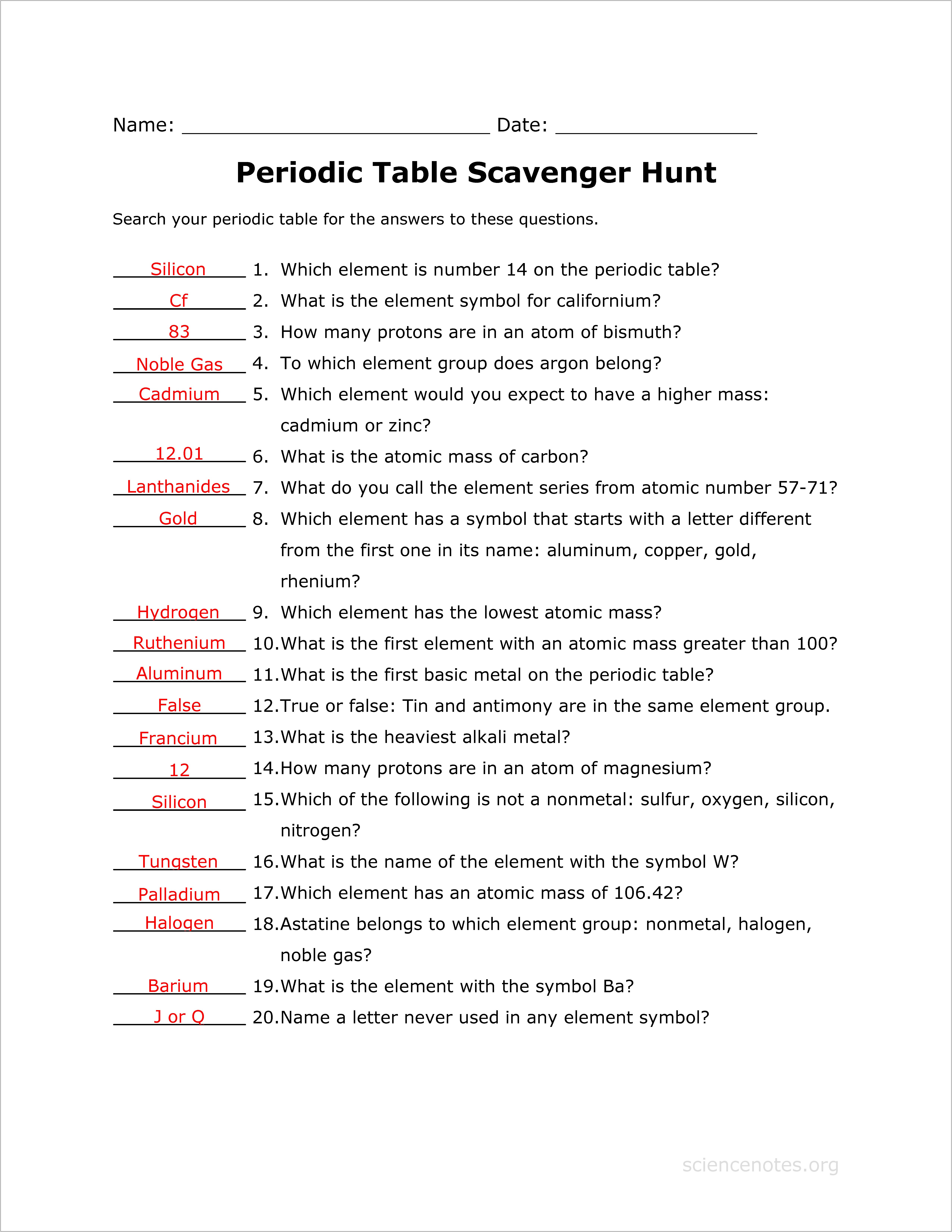 Periodic Table Worksheet Answer Key