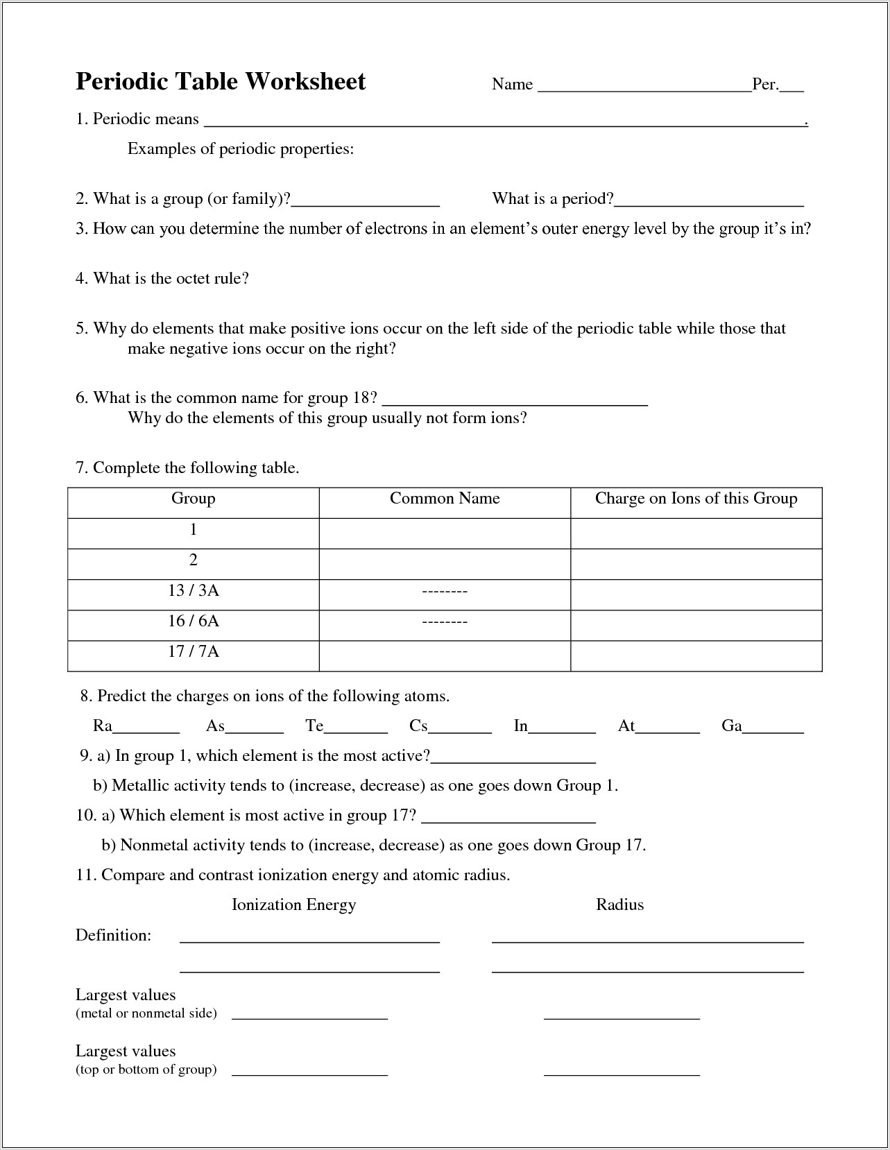 Periodic Table Worksheet Answers Pdf