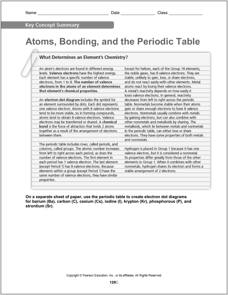 Periodic Table Worksheet For Grade 8