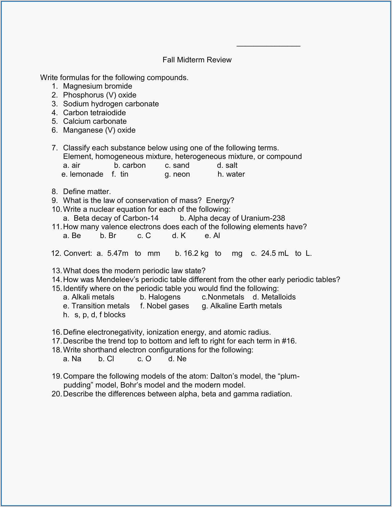 Periodic Table Worksheet Grade 9