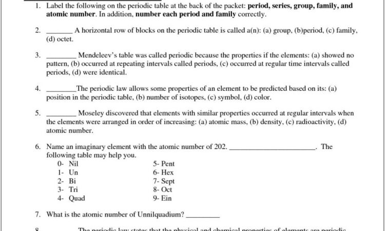 Periodic Table Worksheet Ii Answers