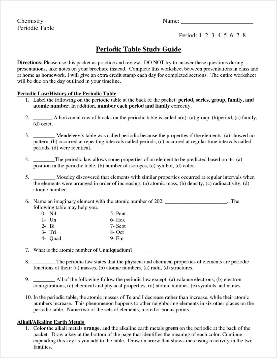 Periodic Table Worksheet Ii Answers