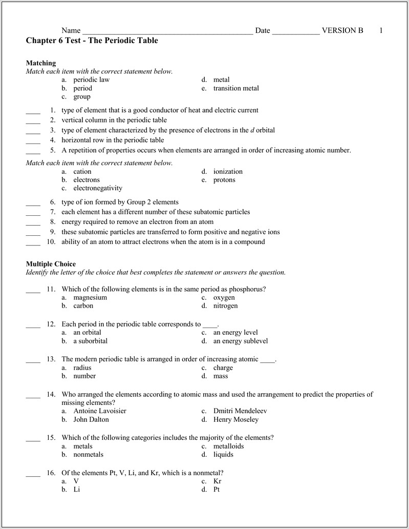 Periodic Table Worksheet Match The Elements
