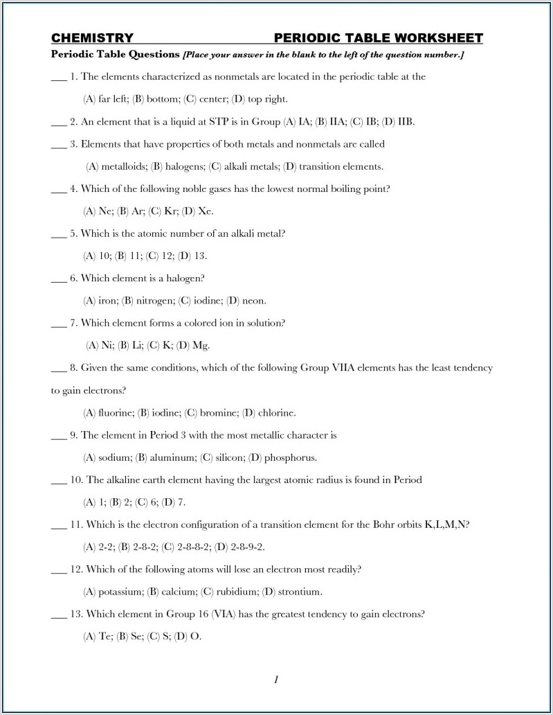 Periodic Table Worksheet Quizlet