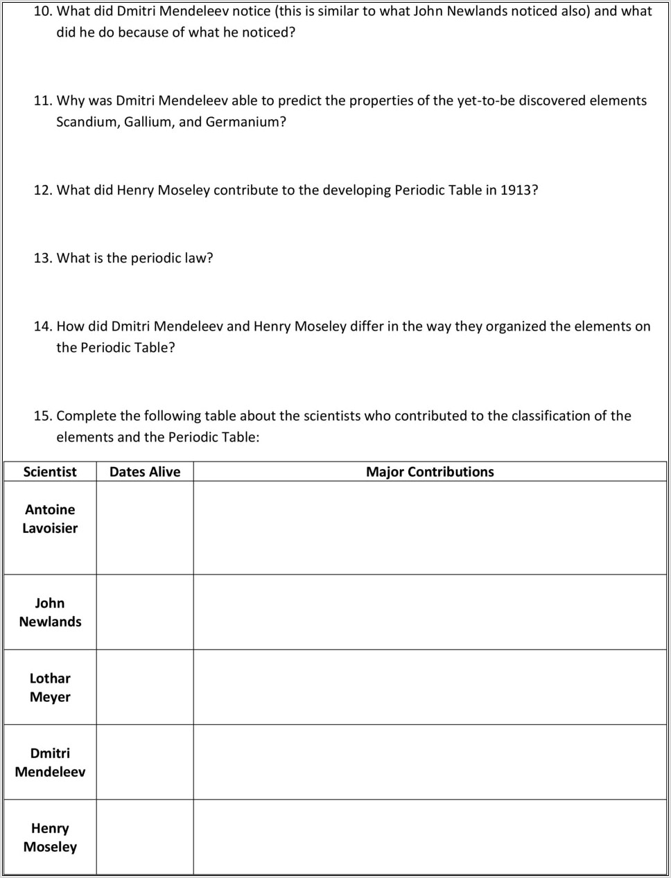 Periodic Table Worksheet With Answers