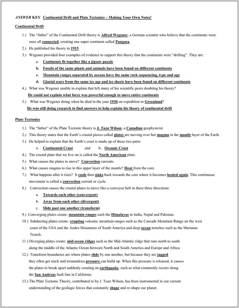 Plate Tectonics And Continental Drift Worksheet Answers