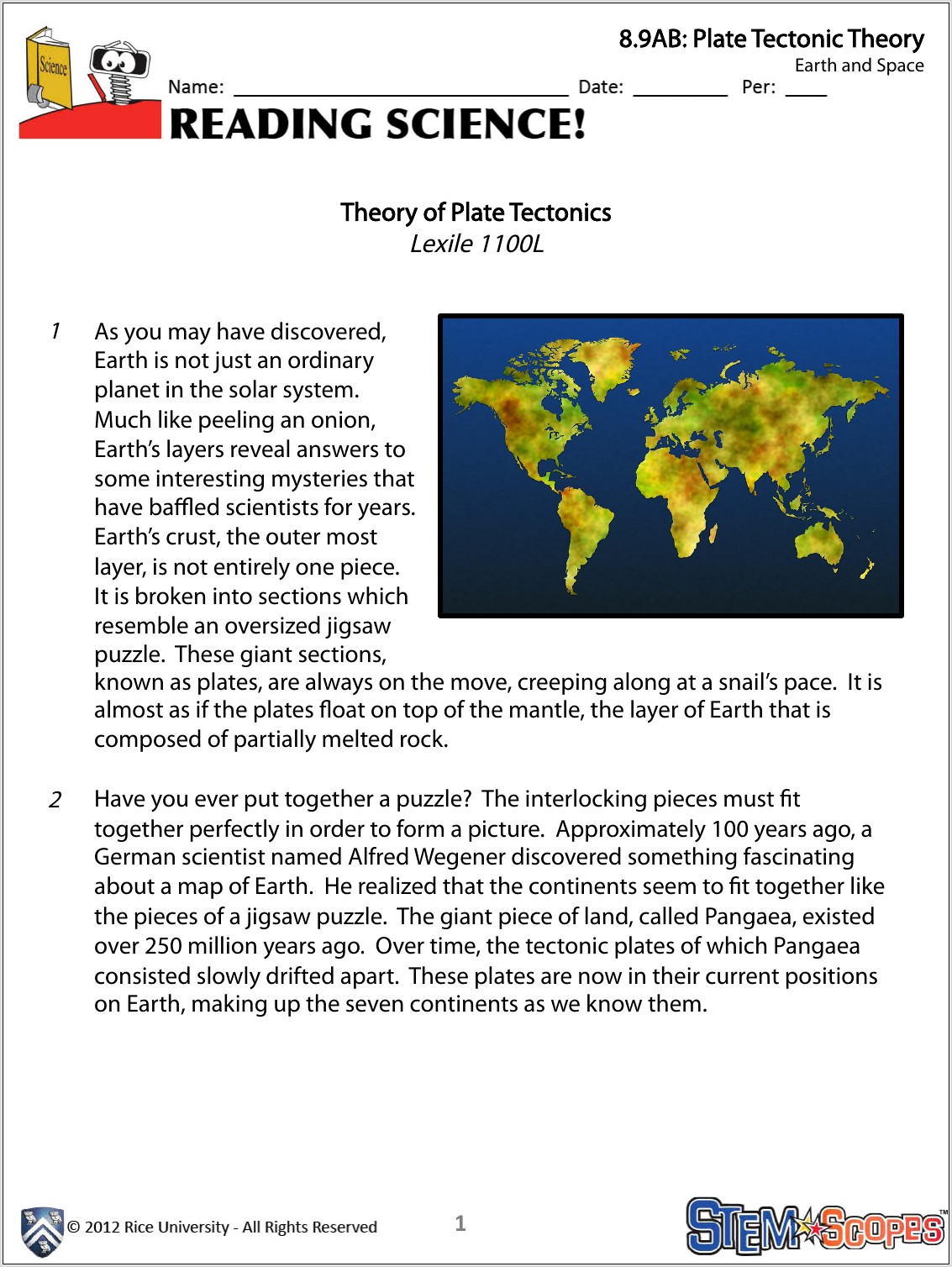 Plate Tectonics Giant Plates Worksheet