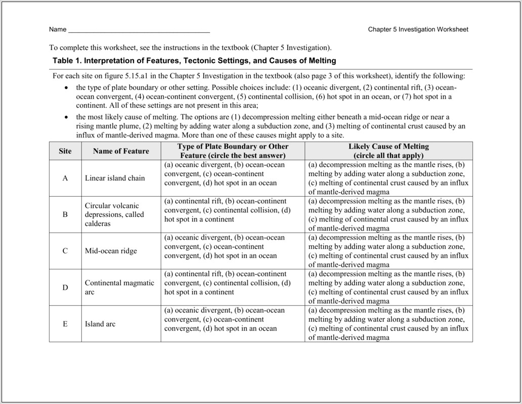 Plate Tectonics Investigation Worksheet