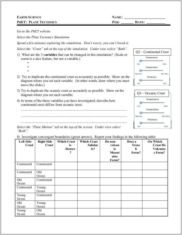 Plate Tectonics Phet Worksheet