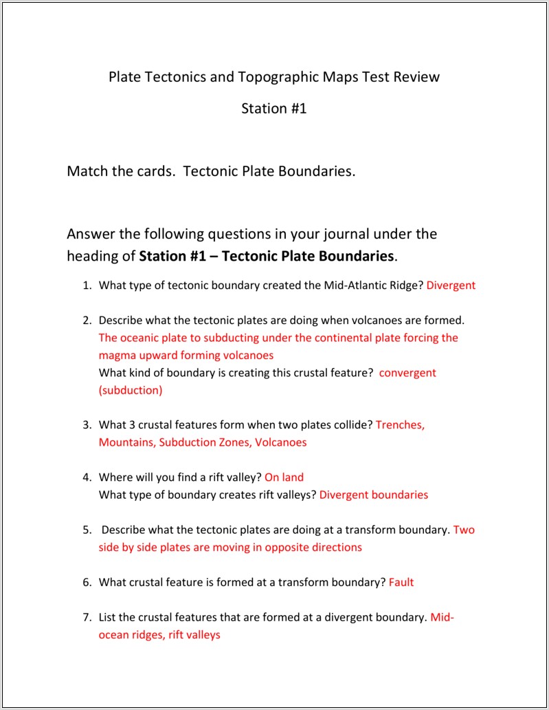 Plate Tectonics Test Review Worksheet