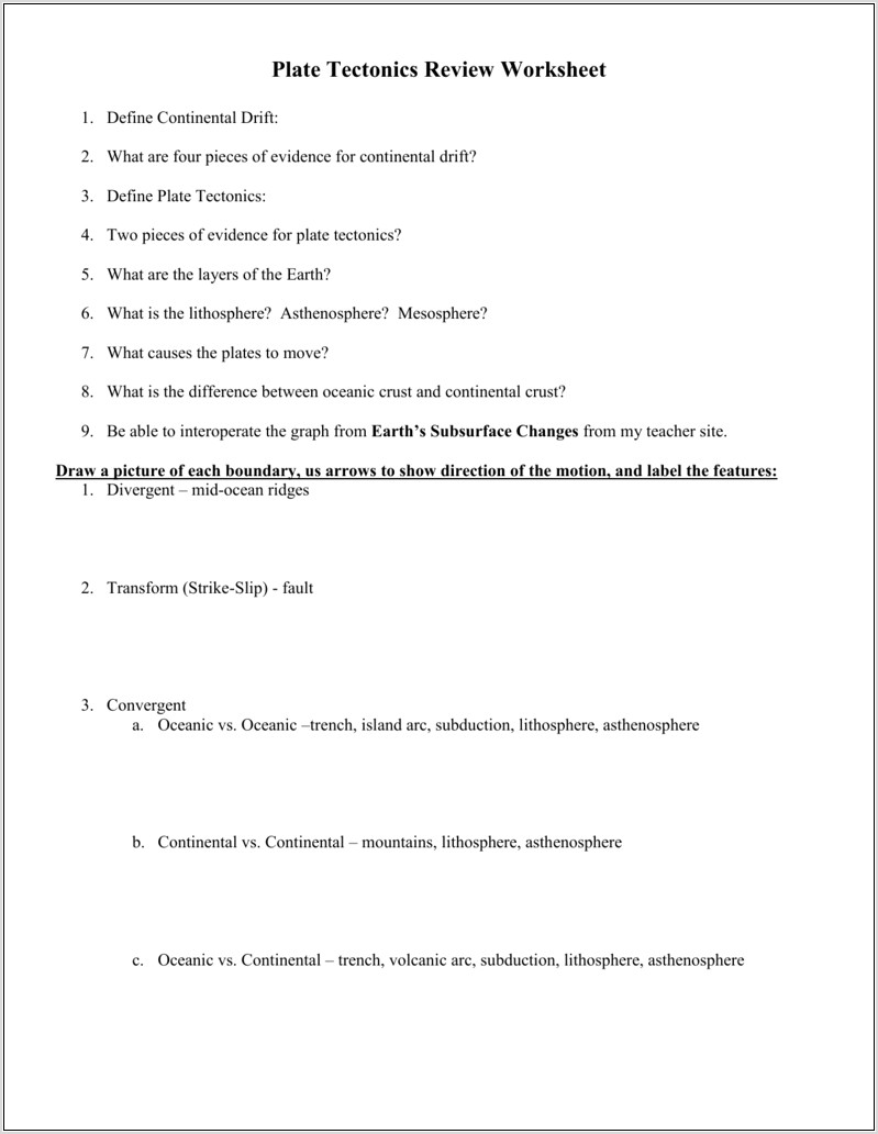 Plate Tectonics Worksheet 9th Grade