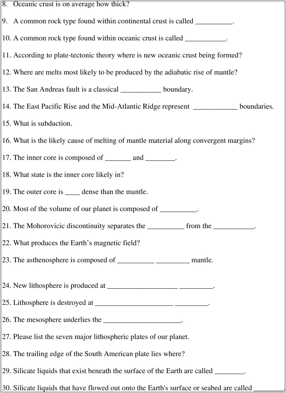 Plate Tectonics Worksheet For Grade 10