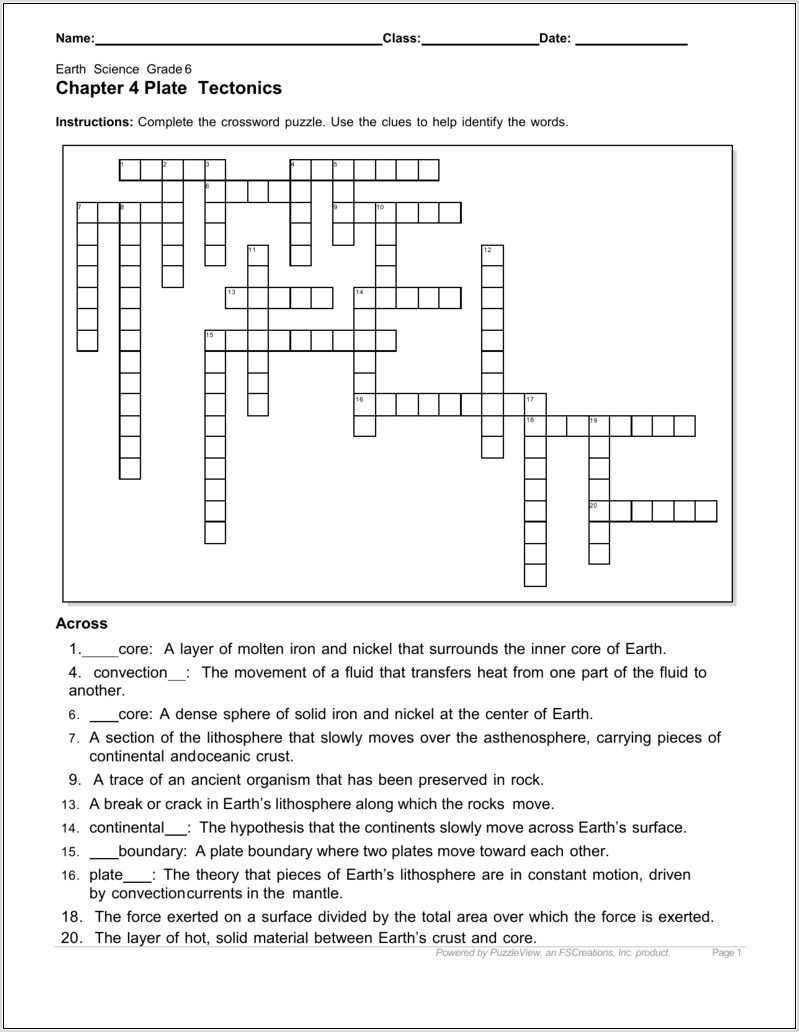 Plate Tectonics Worksheet Grade 10