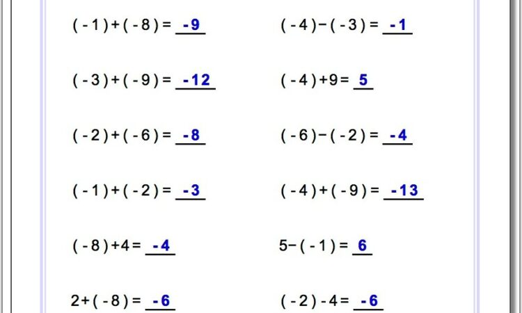 Positive And Negative Numbers Worksheets Grade 6