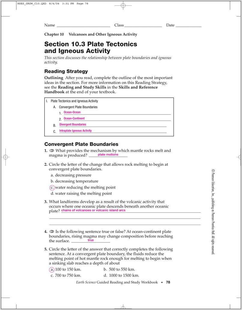 Prentice Hall Plate Tectonics Worksheet