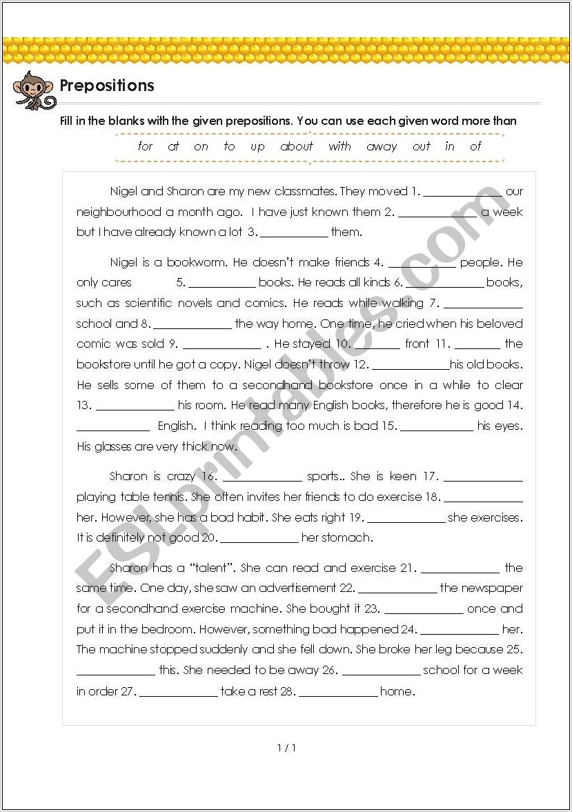 Preposition Worksheets For Grade 5 With Answers