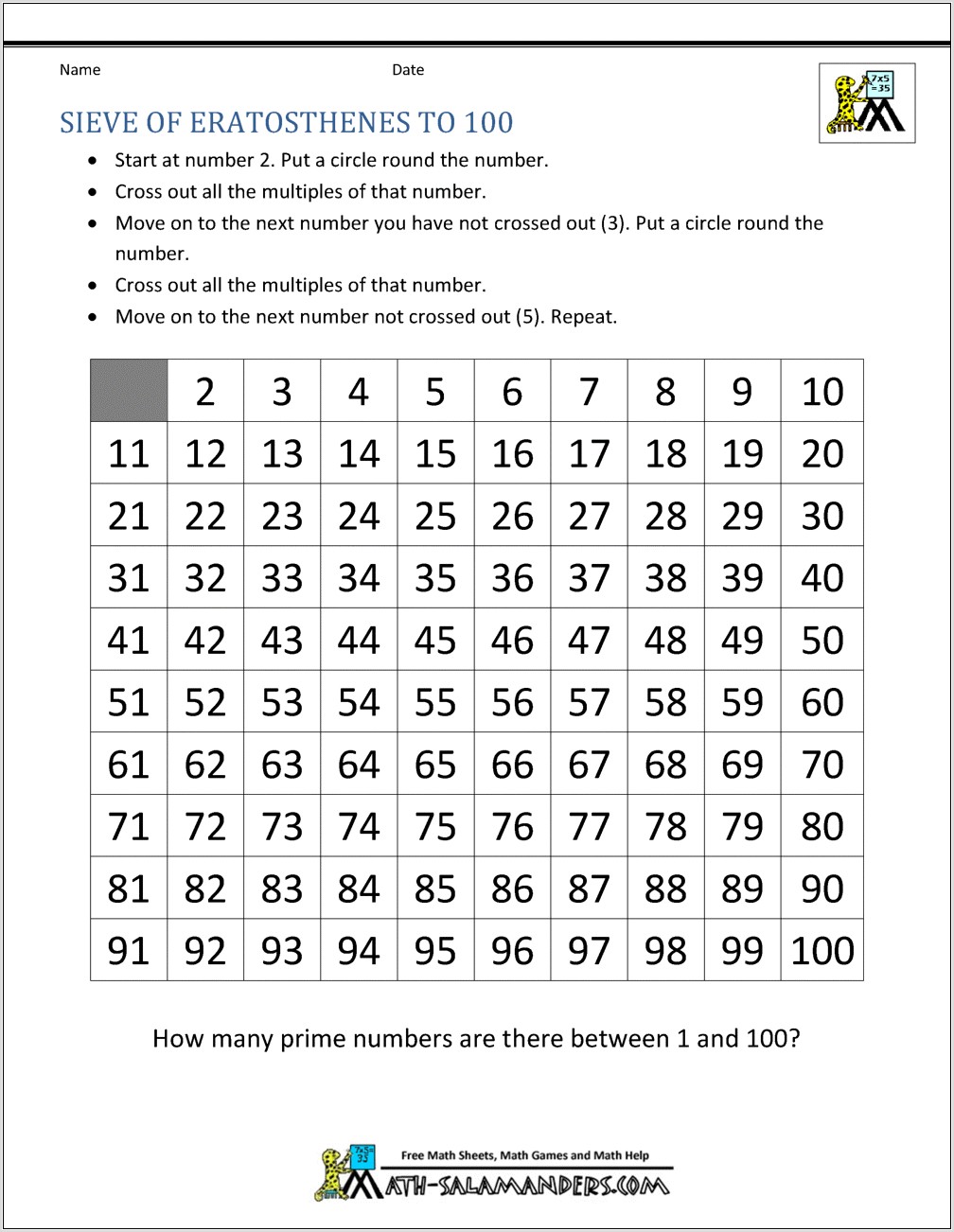 Prime Numbers Coloring Worksheet