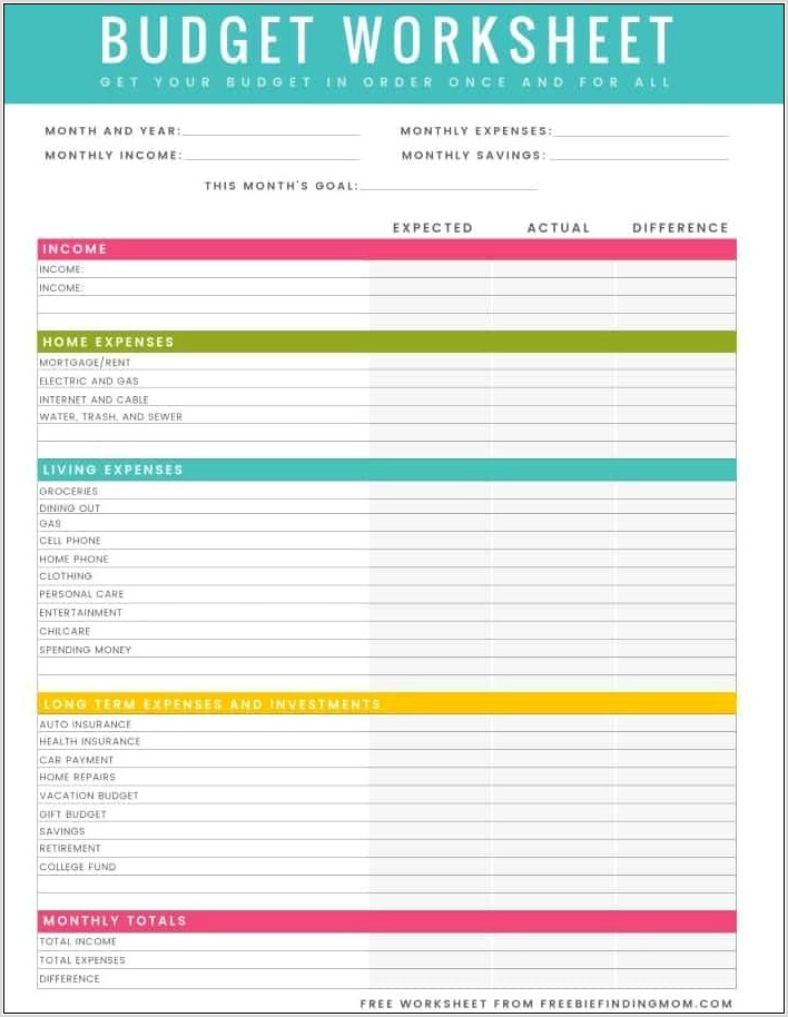 Printable Budget List Worksheet