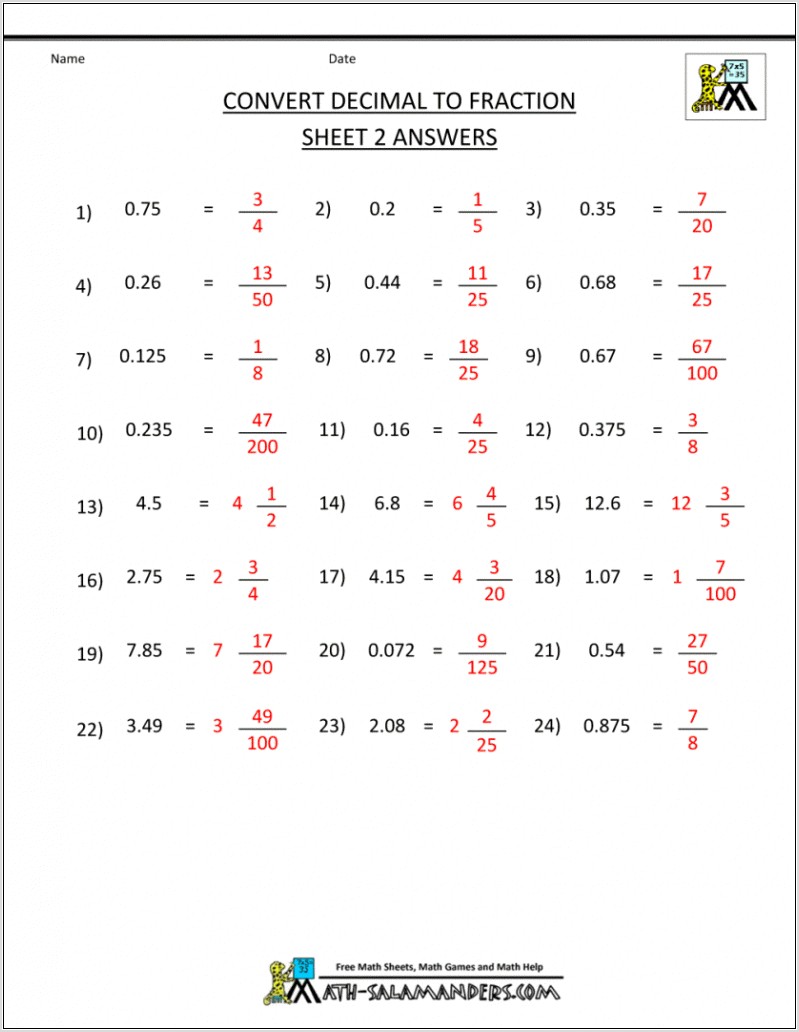Printable Decimal To Fraction Worksheets