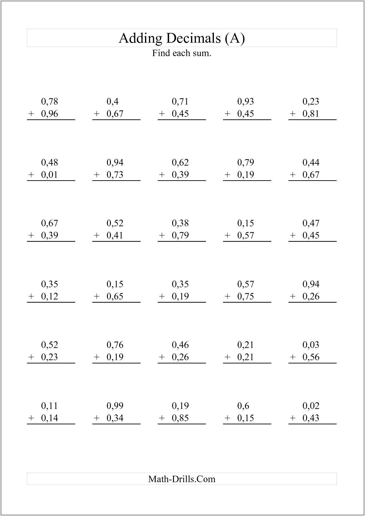 Printable Decimal Worksheets For 4th Grade