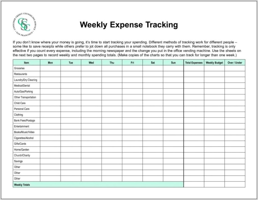 Printable Expense Tracking Worksheet