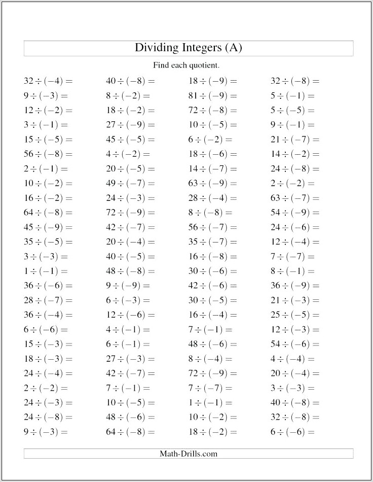 Printable Math Worksheets Negative Numbers
