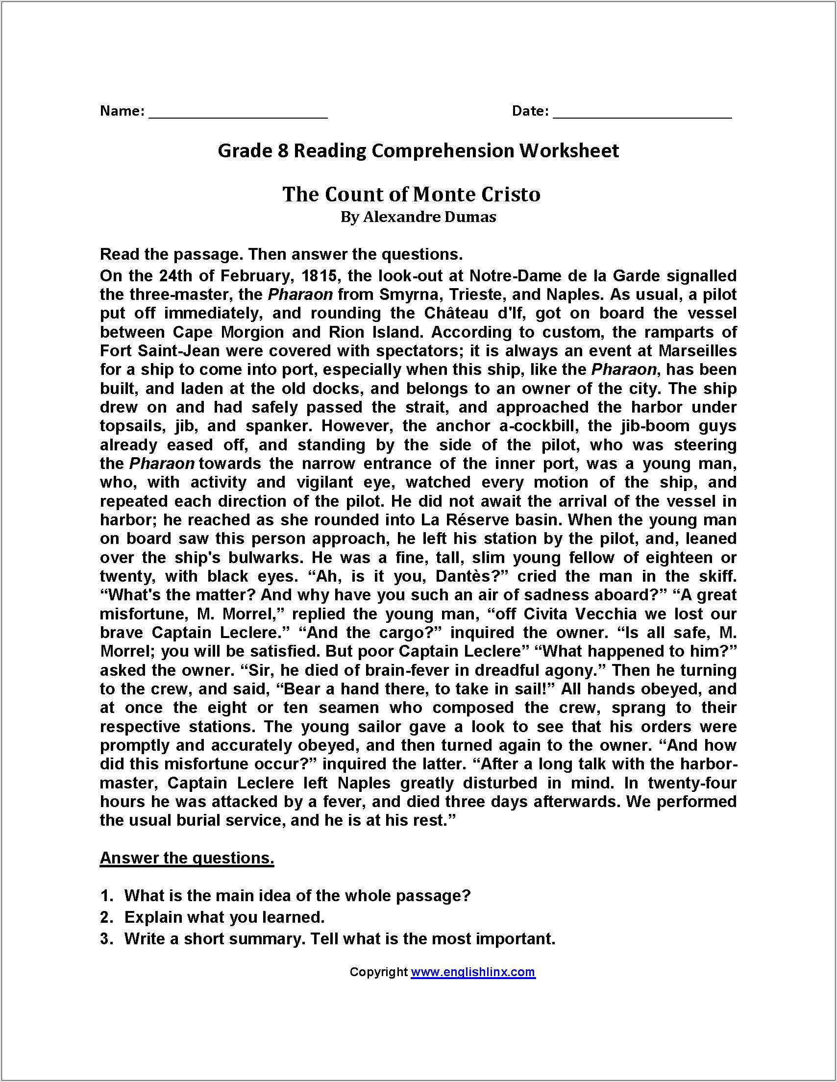 Printable Reading Comprehension Worksheets For 8th Grade