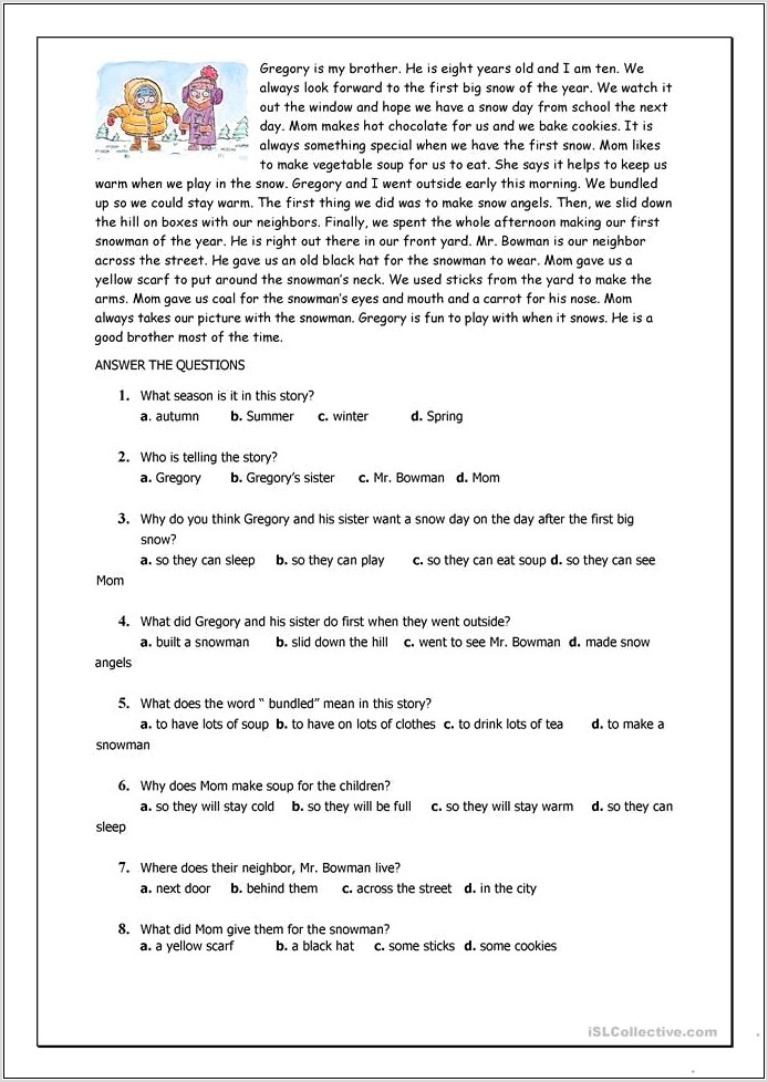 Printable Reading Comprehension Worksheets For Esl Students