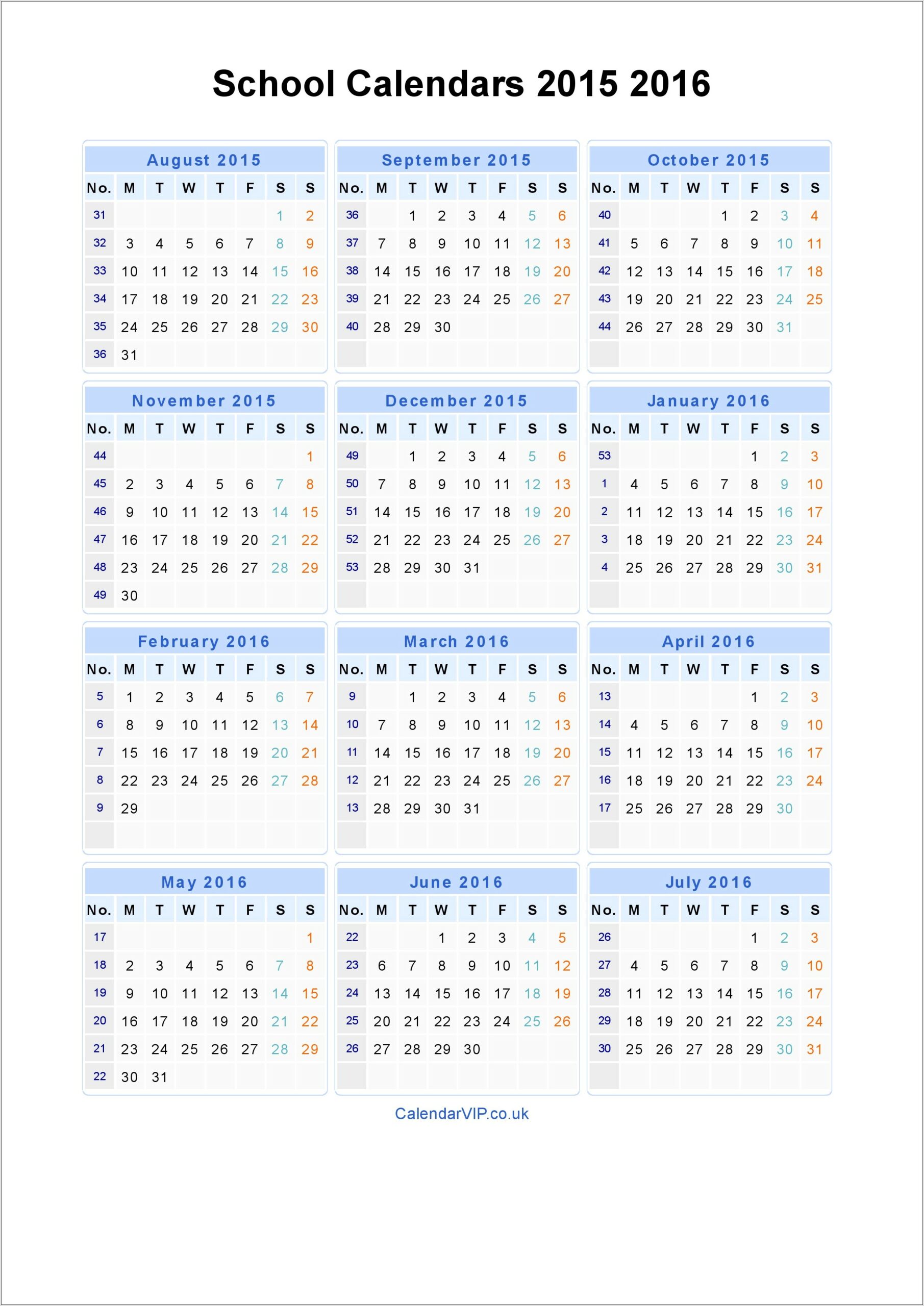 Printable School Calendar 2015 16