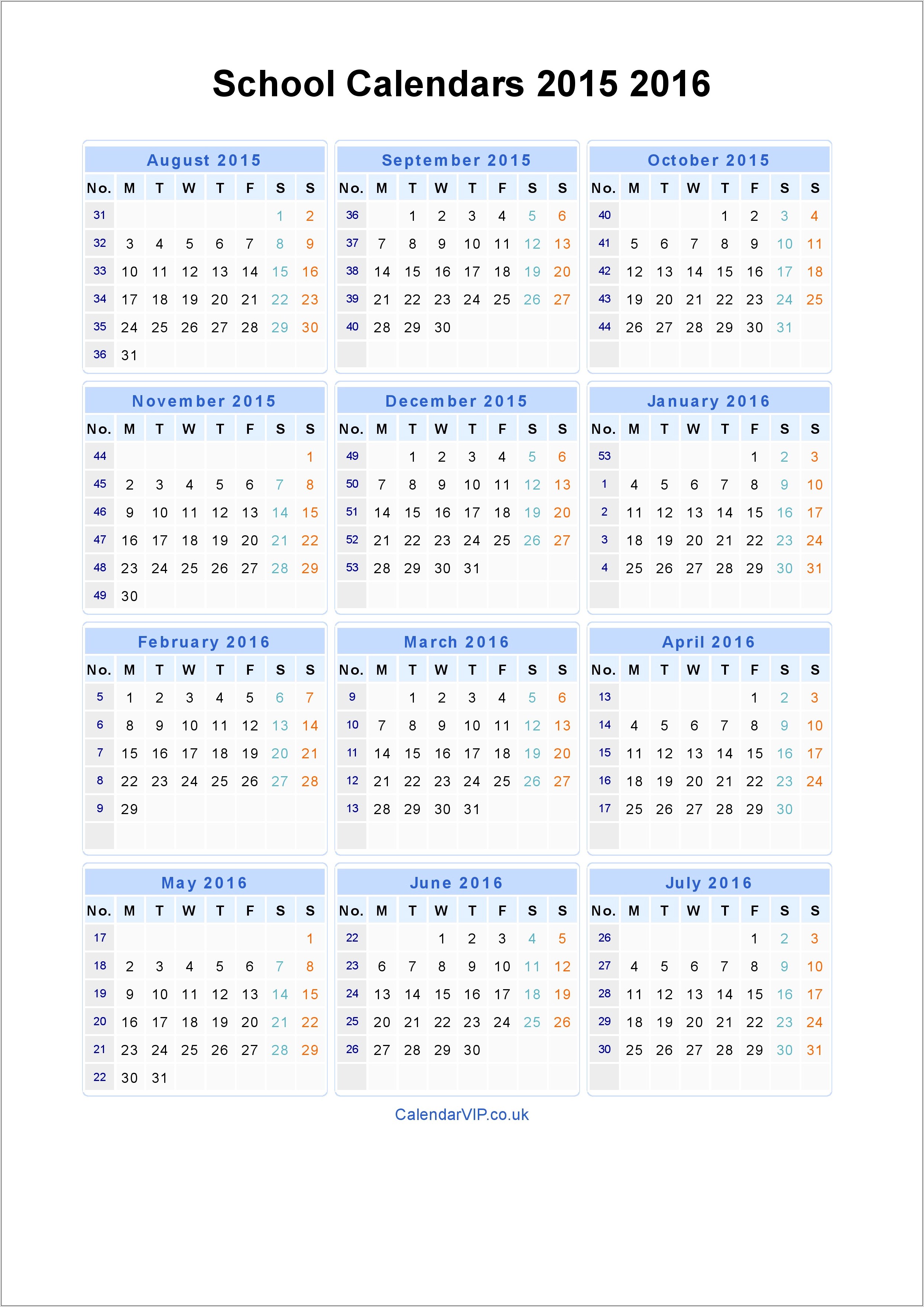 Printable School Calendar 2015 16