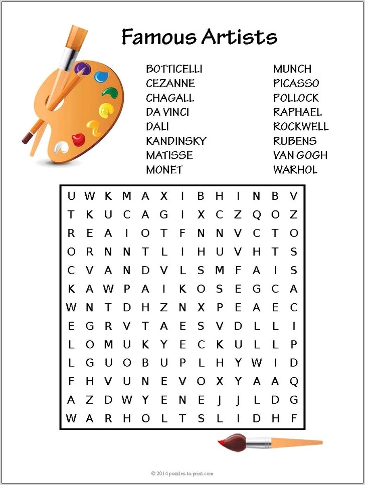 Printable Word Search About Art